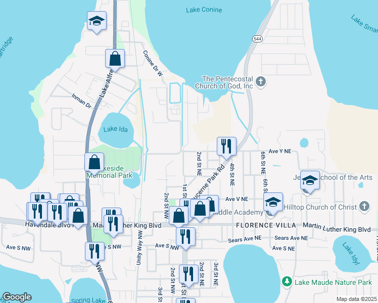 map of restaurants, bars, coffee shops, grocery stores, and more near 135 Avenue Y Northeast in Winter Haven