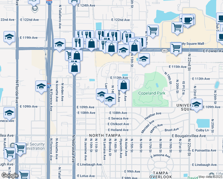 map of restaurants, bars, coffee shops, grocery stores, and more near 10926 North 14th Street in Tampa