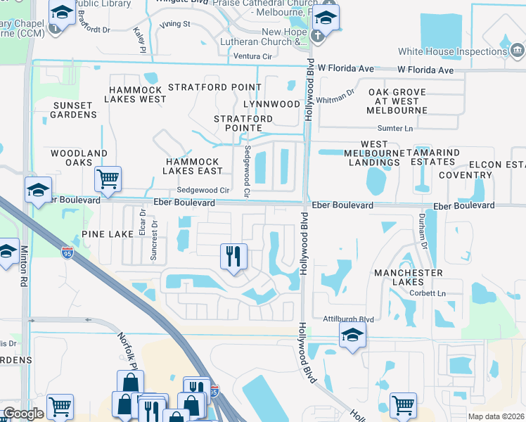 map of restaurants, bars, coffee shops, grocery stores, and more near 3864 Southwind Drive in Melbourne