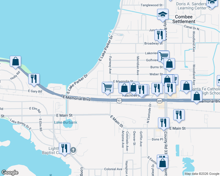 map of restaurants, bars, coffee shops, grocery stores, and more near 704 Fairway Avenue in Lakeland