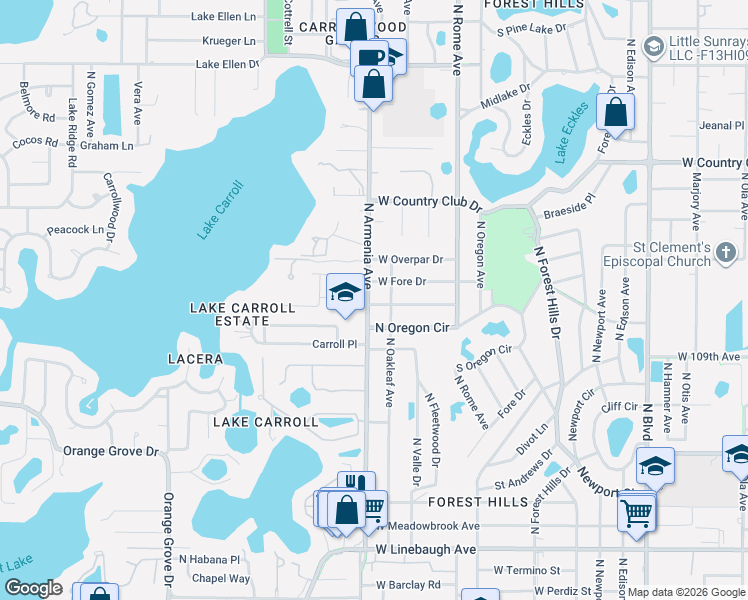 map of restaurants, bars, coffee shops, grocery stores, and more near 11001 North Armenia Avenue in Tampa