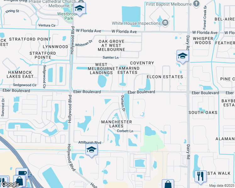 map of restaurants, bars, coffee shops, grocery stores, and more near 3681 Joslin Way in West Melbourne