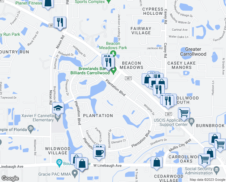 map of restaurants, bars, coffee shops, grocery stores, and more near 11379 Brookgreen Drive in Tampa