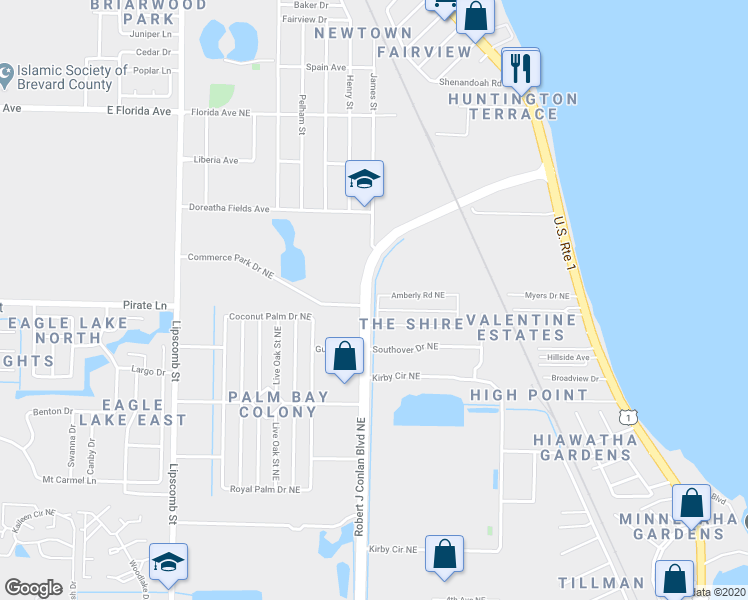 map of restaurants, bars, coffee shops, grocery stores, and more near 2078 Bedford Street Northeast in Palm Bay