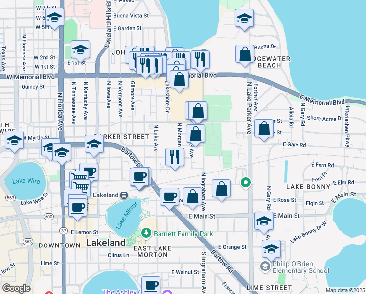 map of restaurants, bars, coffee shops, grocery stores, and more near 607 North Morgan Avenue in Lakeland