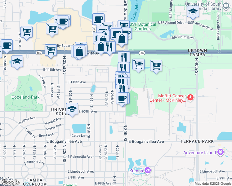 map of restaurants, bars, coffee shops, grocery stores, and more near 11107 North 28th Street in Tampa
