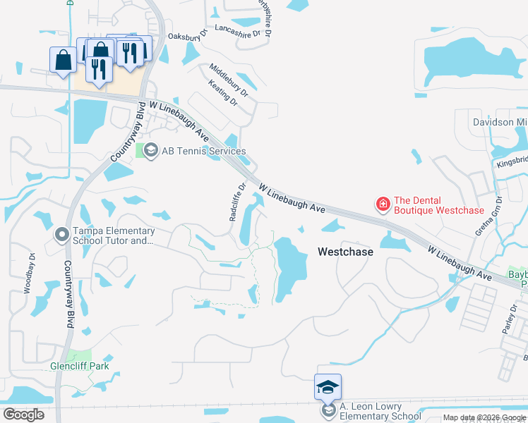 map of restaurants, bars, coffee shops, grocery stores, and more near 11611 Highbury Way in Tampa