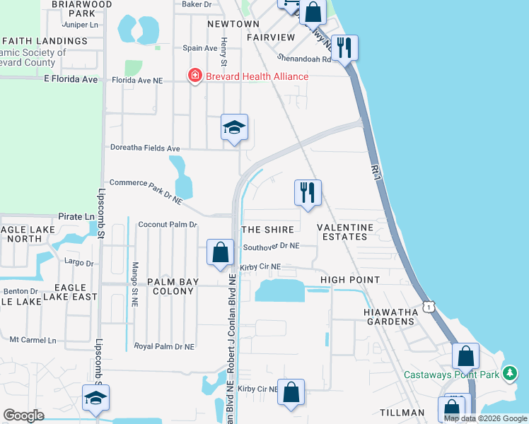 map of restaurants, bars, coffee shops, grocery stores, and more near 2545 Amberly Road Northeast in Palm Bay