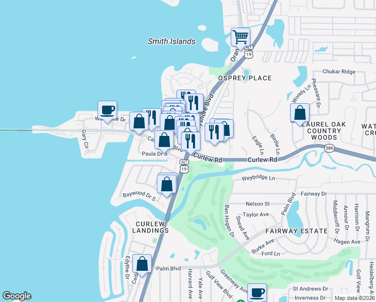 map of restaurants, bars, coffee shops, grocery stores, and more near 2750 Bayshore Boulevard in Dunedin