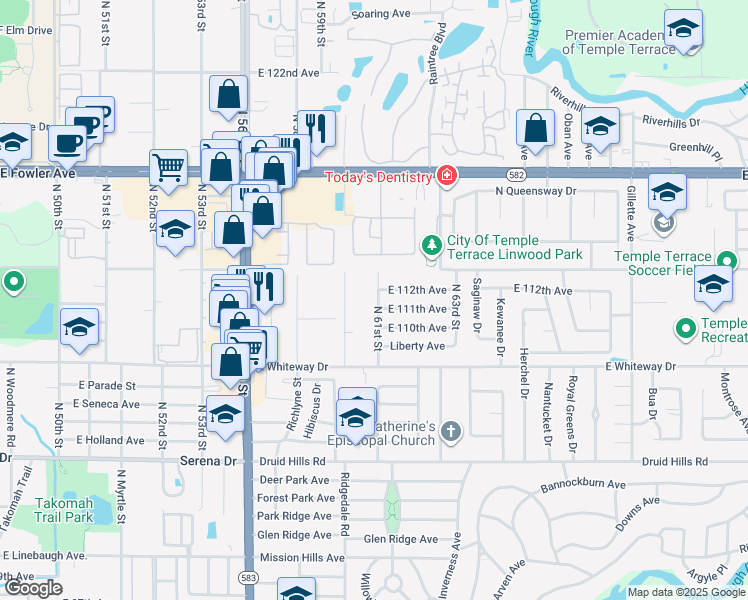 map of restaurants, bars, coffee shops, grocery stores, and more near 11102 North 61st Street in Tampa