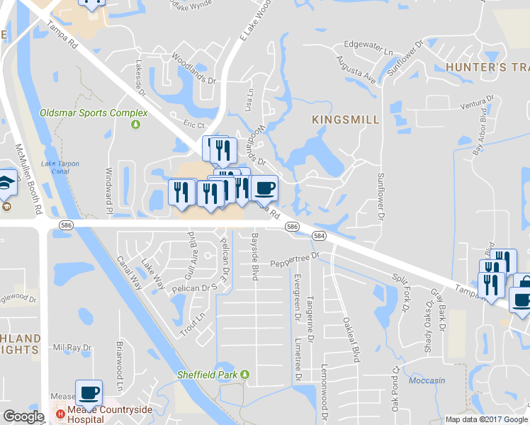 map of restaurants, bars, coffee shops, grocery stores, and more near 3181 Tampa Road in Oldsmar