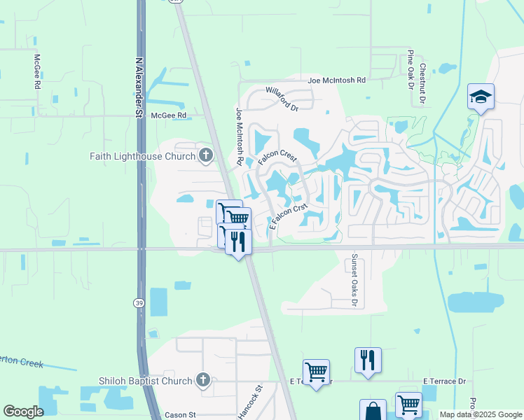 map of restaurants, bars, coffee shops, grocery stores, and more near 521 Chickadee Court in Plant City