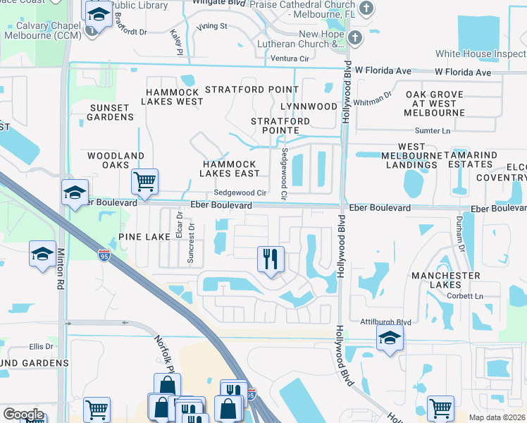 map of restaurants, bars, coffee shops, grocery stores, and more near 244 Sedgewood Circle in West Melbourne