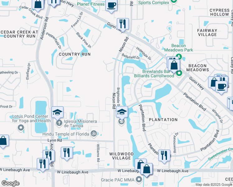 map of restaurants, bars, coffee shops, grocery stores, and more near 10934 Brightside Drive in Tampa