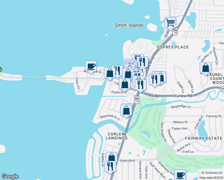 map of restaurants, bars, coffee shops, grocery stores, and more near 491 Causeway Boulevard in Dunedin