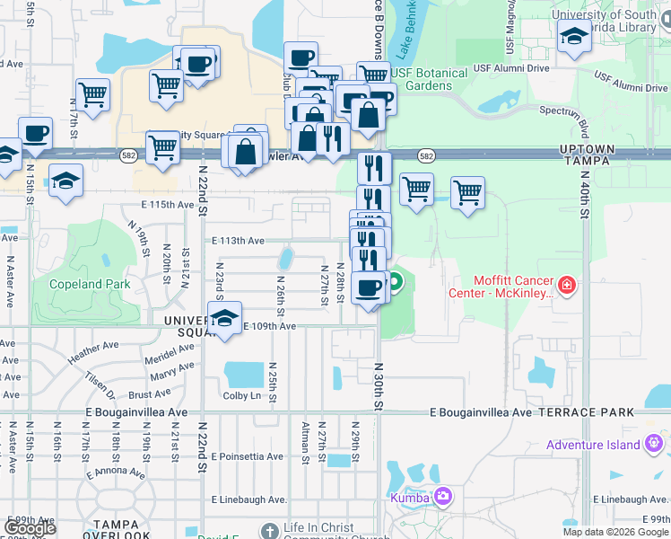 map of restaurants, bars, coffee shops, grocery stores, and more near 11102 North 28th Street in Tampa