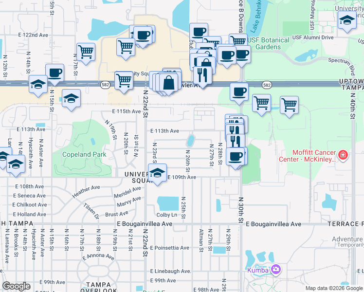 map of restaurants, bars, coffee shops, grocery stores, and more near 2326 East 111th Avenue in Tampa