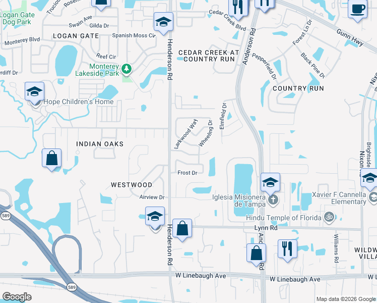 map of restaurants, bars, coffee shops, grocery stores, and more near 11443 Wheeling Drive in Tampa