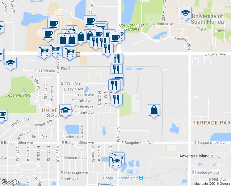 map of restaurants, bars, coffee shops, grocery stores, and more near 11148 N 30th St in Tampa