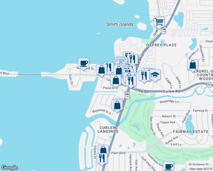 map of restaurants, bars, coffee shops, grocery stores, and more near 491 Causeway Boulevard in Dunedin