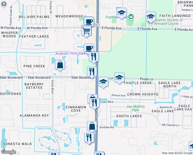 map of restaurants, bars, coffee shops, grocery stores, and more near South Babcock Street & Eber Boulevard in Melbourne