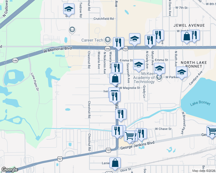 map of restaurants, bars, coffee shops, grocery stores, and more near 2128 Yeats Street in Lakeland