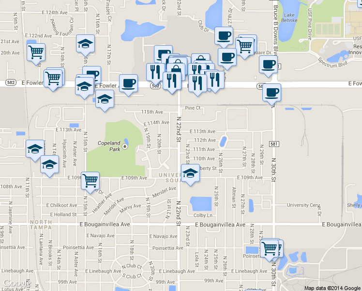 map of restaurants, bars, coffee shops, grocery stores, and more near 11110 North 23rd Street in Tampa