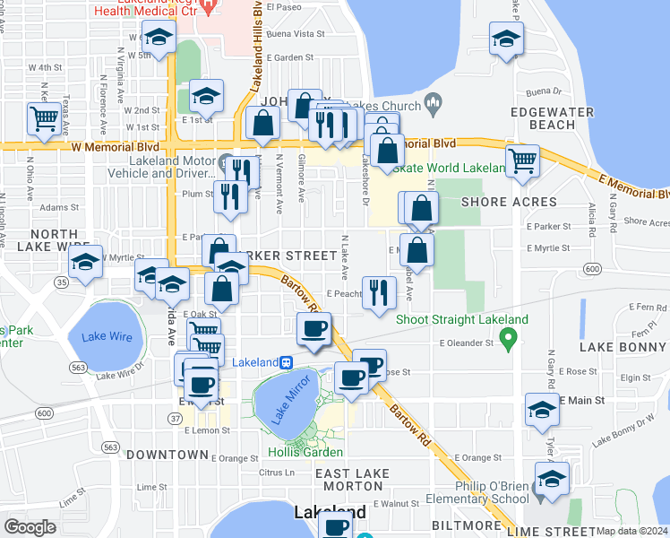 map of restaurants, bars, coffee shops, grocery stores, and more near 742 East Magnolia Street in Lakeland