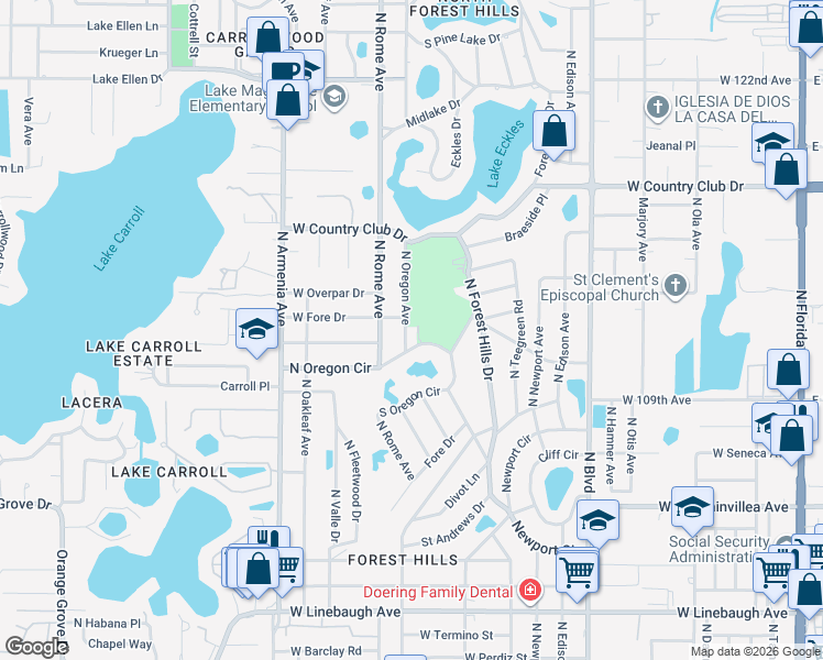 map of restaurants, bars, coffee shops, grocery stores, and more near 11005 North Oregon Avenue in Tampa