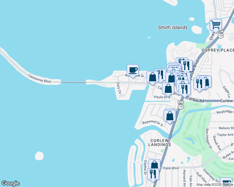 map of restaurants, bars, coffee shops, grocery stores, and more near 2570 Gary Circle in Dunedin