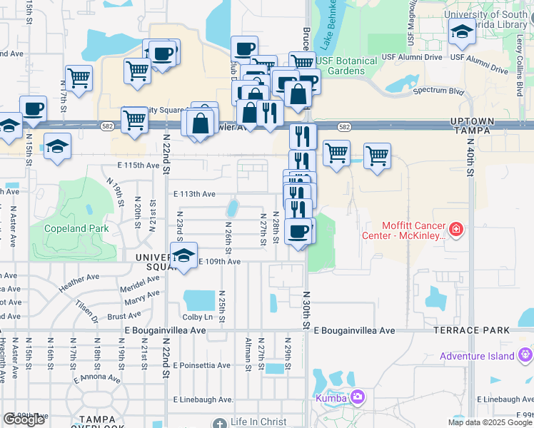 map of restaurants, bars, coffee shops, grocery stores, and more near 11103 North 27th Street in Tampa