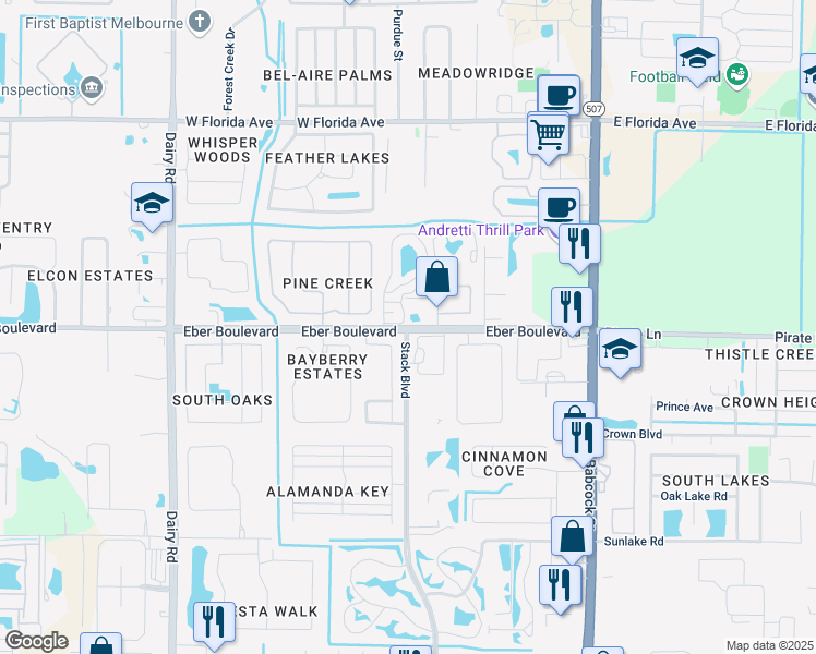 map of restaurants, bars, coffee shops, grocery stores, and more near Eber Blvd & Stack Blvd in Melbourne