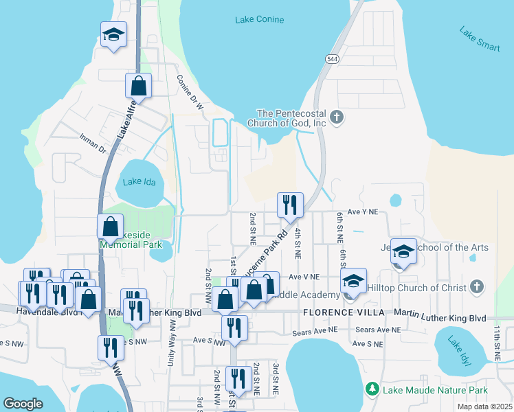 map of restaurants, bars, coffee shops, grocery stores, and more near 135 Avenue Y Northeast in Winter Haven