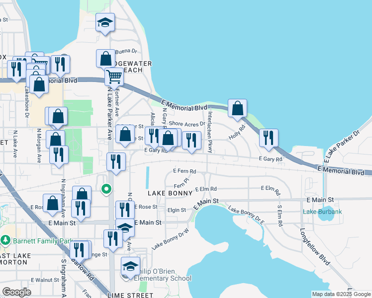 map of restaurants, bars, coffee shops, grocery stores, and more near 1512 East Gary Road in Lakeland