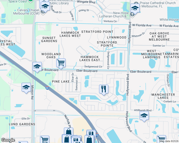 map of restaurants, bars, coffee shops, grocery stores, and more near 2455 Eber Boulevard in West Melbourne