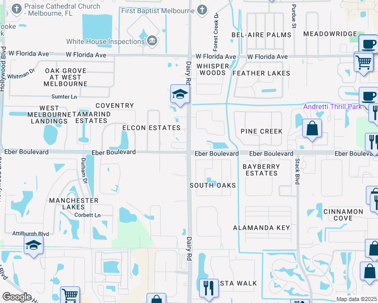 map of restaurants, bars, coffee shops, grocery stores, and more near Dairy Rd & Eber Blvd in Melbourne
