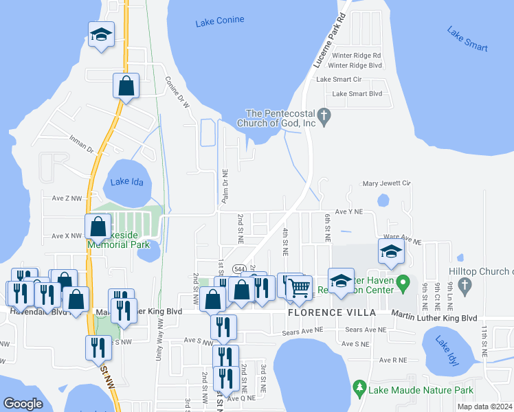 map of restaurants, bars, coffee shops, grocery stores, and more near 311 Avenue Y Northeast in Winter Haven