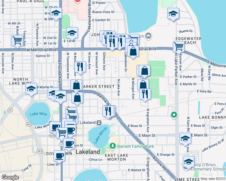 map of restaurants, bars, coffee shops, grocery stores, and more near 604 North Lake Avenue in Lakeland