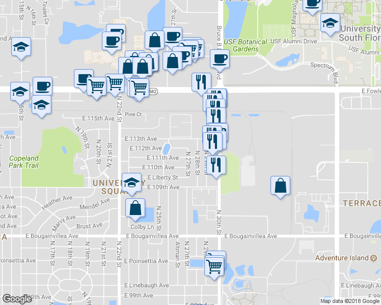 map of restaurants, bars, coffee shops, grocery stores, and more near 11107 North 28th Street in Tampa