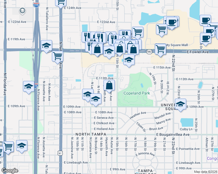 map of restaurants, bars, coffee shops, grocery stores, and more near 10931 Hyacinth Avenue in Tampa