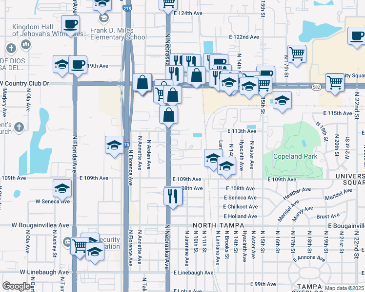 map of restaurants, bars, coffee shops, grocery stores, and more near 11115 North Nebraska Avenue in Tampa