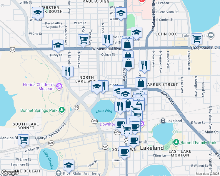 map of restaurants, bars, coffee shops, grocery stores, and more near 610 North New York Avenue in Lakeland