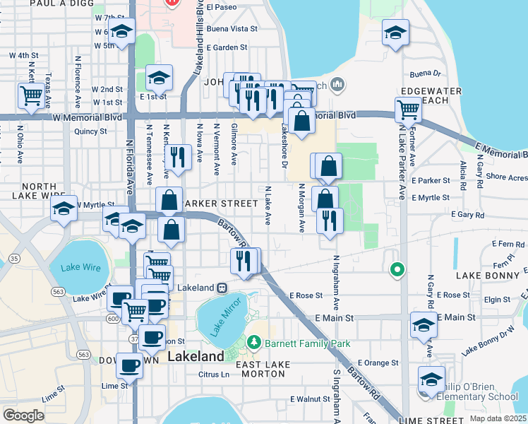 map of restaurants, bars, coffee shops, grocery stores, and more near 604 North Lake Avenue in Lakeland