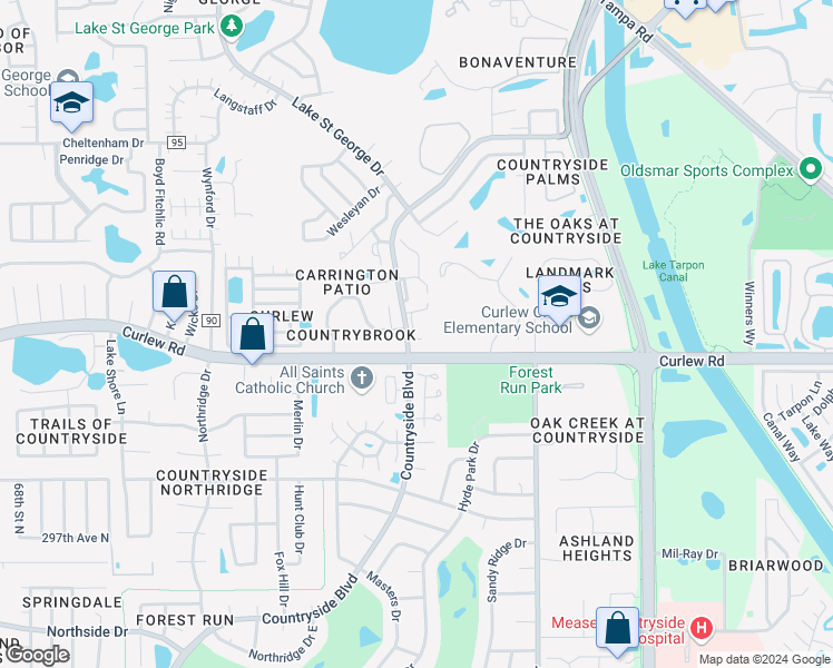 map of restaurants, bars, coffee shops, grocery stores, and more near 3504 Countryside Boulevard in Palm Harbor