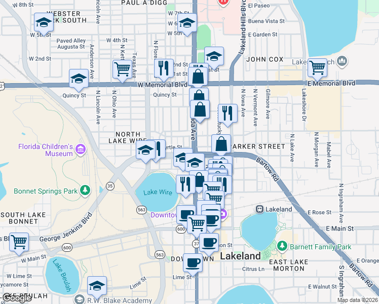 map of restaurants, bars, coffee shops, grocery stores, and more near Florida North in Lakeland