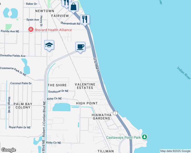 map of restaurants, bars, coffee shops, grocery stores, and more near 3620 Dixie Highway Northeast in Palm Bay