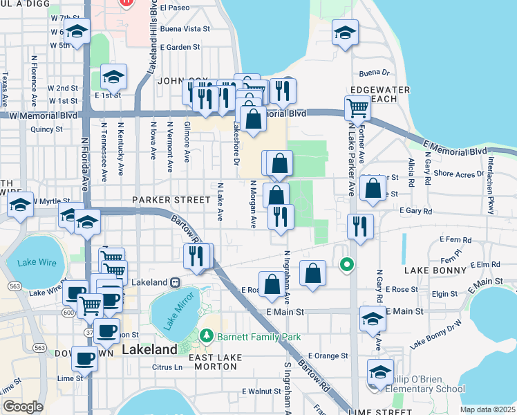 map of restaurants, bars, coffee shops, grocery stores, and more near 607 North Morgan Avenue in Lakeland