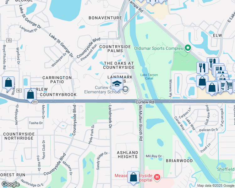 map of restaurants, bars, coffee shops, grocery stores, and more near 3030 Curlew Road in Palm Harbor
