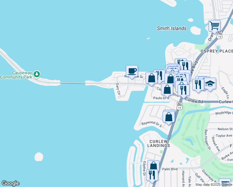 map of restaurants, bars, coffee shops, grocery stores, and more near 2570 Gary Circle in Dunedin