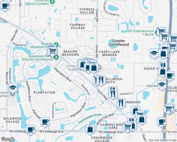 map of restaurants, bars, coffee shops, grocery stores, and more near 4535 Gunn Highway in Tampa